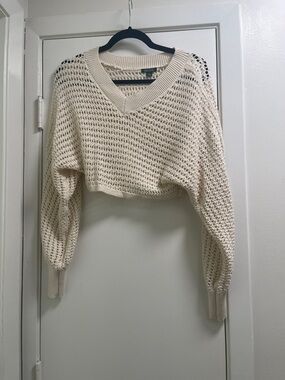 wild fable Cream Open-Knit Cropped V-Neck Sweater